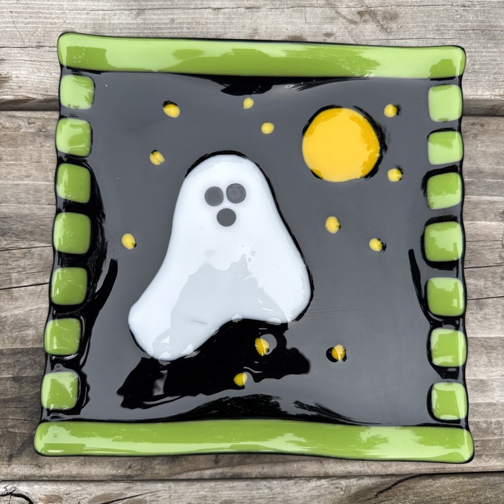 Vtg Fused Glass Colorful Halloween Ghost Moon Square Plate Tray